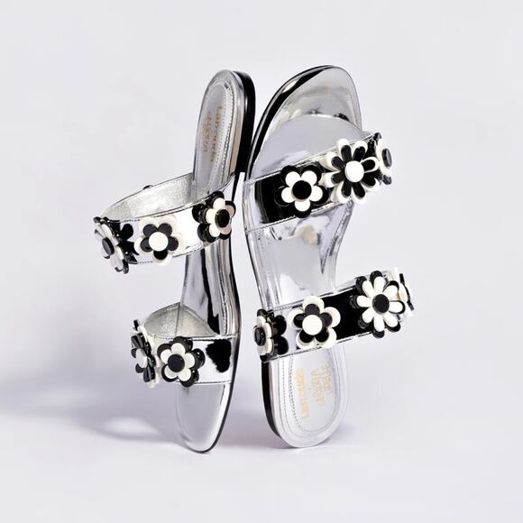 Larroudé x Gabriela Noelle Blossom Sandal In Silver Black and White Acrylic